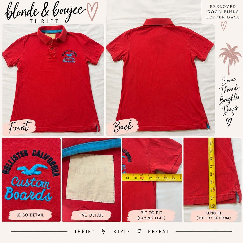 Hollister California Custom Boards Red Polo Shirt Mens M Short Sleeve Cotton